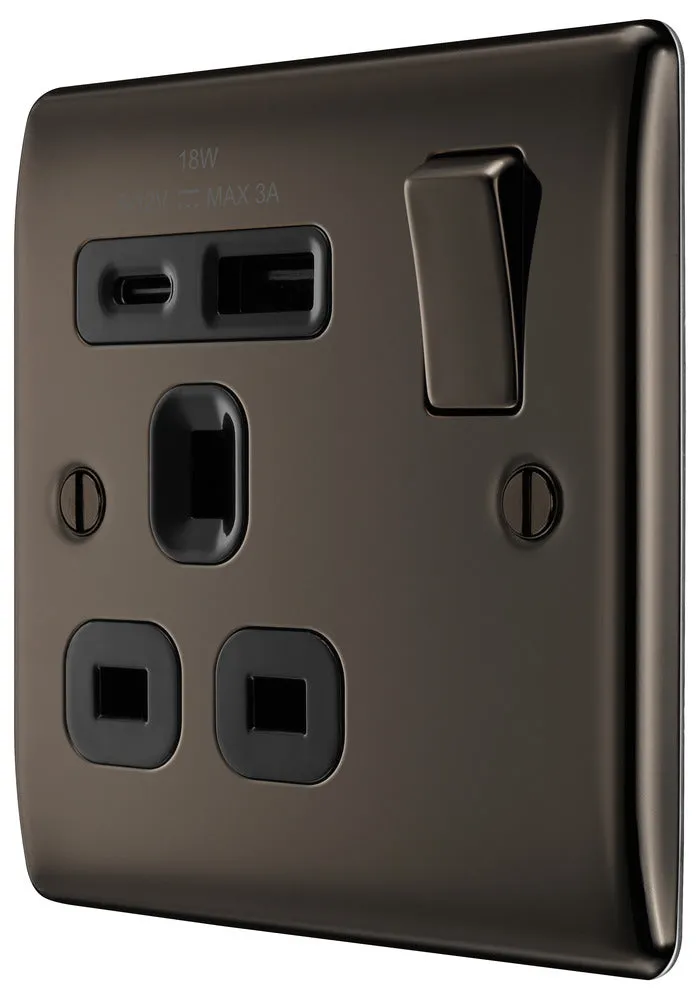BG NBN21UAC18B Nexus Metal 13A Single Switched Power Socket   USB A C (18W) - Black Nickel   Black Insert