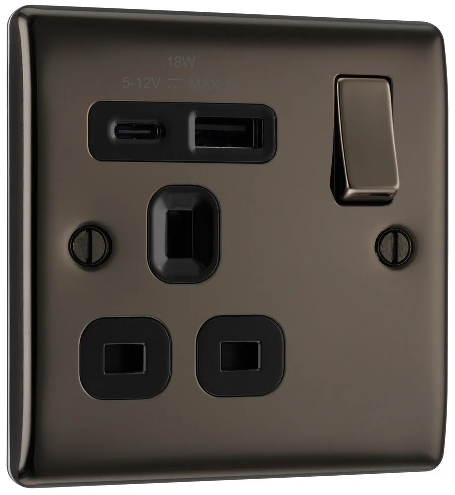 BG NBN21UAC18B Nexus Metal 13A Single Switched Power Socket   USB A C (18W) - Black Nickel   Black Insert