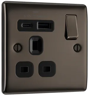BG NBN21UAC18B Nexus Metal 13A Single Switched Power Socket   USB A C (18W) - Black Nickel   Black Insert