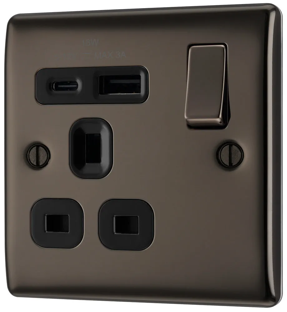 BG NBN21UAC18B Nexus Metal 13A Single Switched Power Socket   USB A C (18W) - Black Nickel   Black Insert