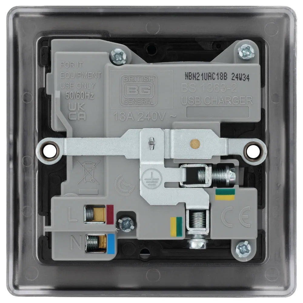 BG NBN21UAC18B Nexus Metal 13A Single Switched Power Socket   USB A C (18W) - Black Nickel   Black Insert