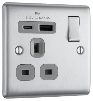 BG NBS21UAC18G Nexus Metal 13A Single Switched Power Socket   USB A C (18W) - Brushed Steel   Grey Insert