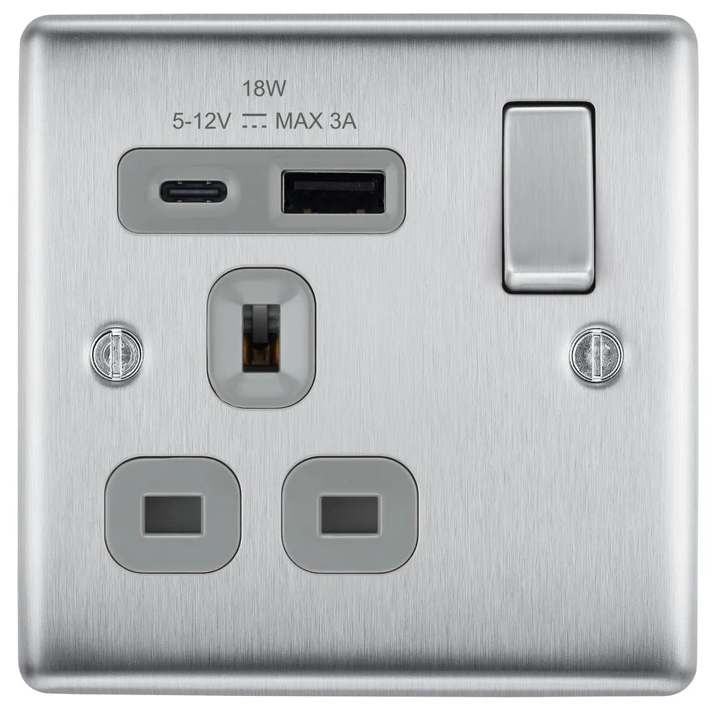 BG NBS21UAC18G Nexus Metal 13A Single Switched Power Socket   USB A C (18W) - Brushed Steel   Grey Insert