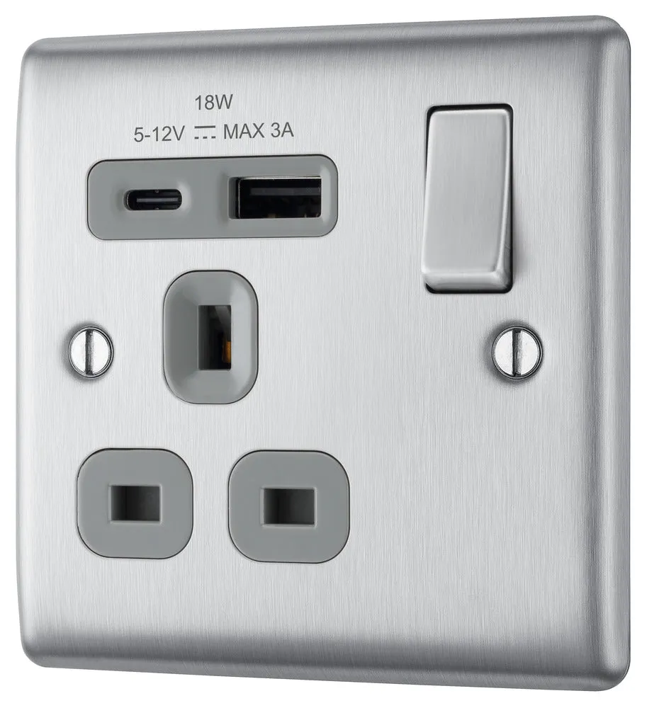 BG NBS21UAC18G Nexus Metal 13A Single Switched Power Socket   USB A C (18W) - Brushed Steel   Grey Insert