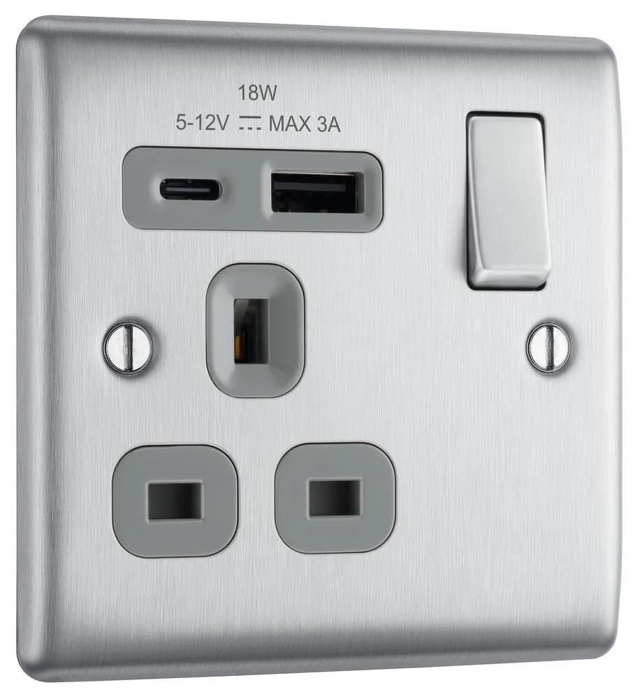 BG NBS21UAC18G Nexus Metal 13A Single Switched Power Socket   USB A C (18W) - Brushed Steel   Grey Insert