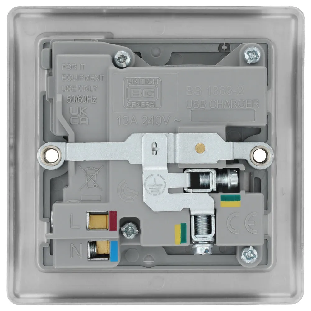 BG NBS21UAC18G Nexus Metal 13A Single Switched Power Socket   USB A C (18W) - Brushed Steel   Grey Insert