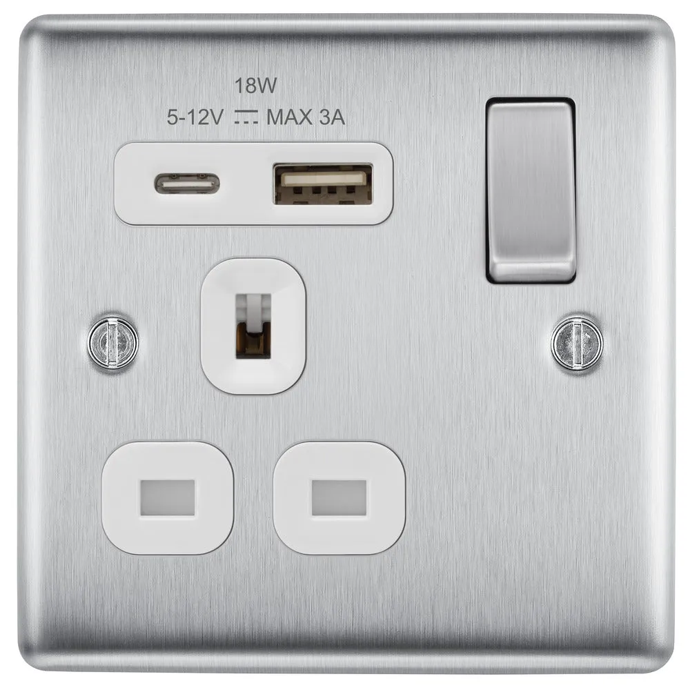 BG NBS21UAC18W Nexus Metal 13A Single Switched Power Socket   USB A C (18W) - Brushed Steel   White Insert