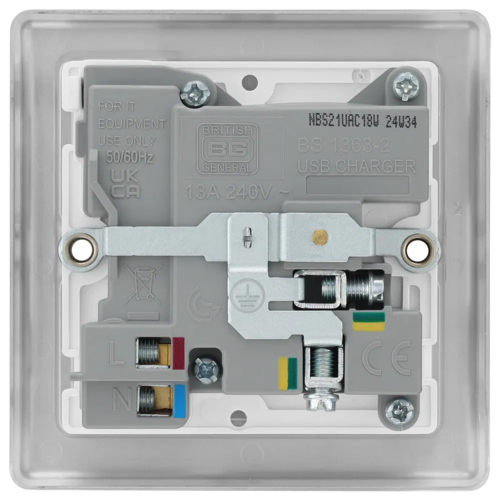 BG NBS21UAC18W Nexus Metal 13A Single Switched Power Socket   USB A C (18W) - Brushed Steel   White Insert
