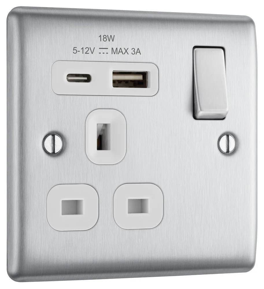 BG NBS21UAC18W Nexus Metal 13A Single Switched Power Socket   USB A C (18W) - Brushed Steel   White Insert