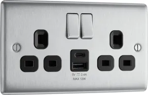 BG NBS22UAC12B Nexus Metal 13A Double Switched Power Socket   USB A C (12W) - Brushed Steel   Black Insert