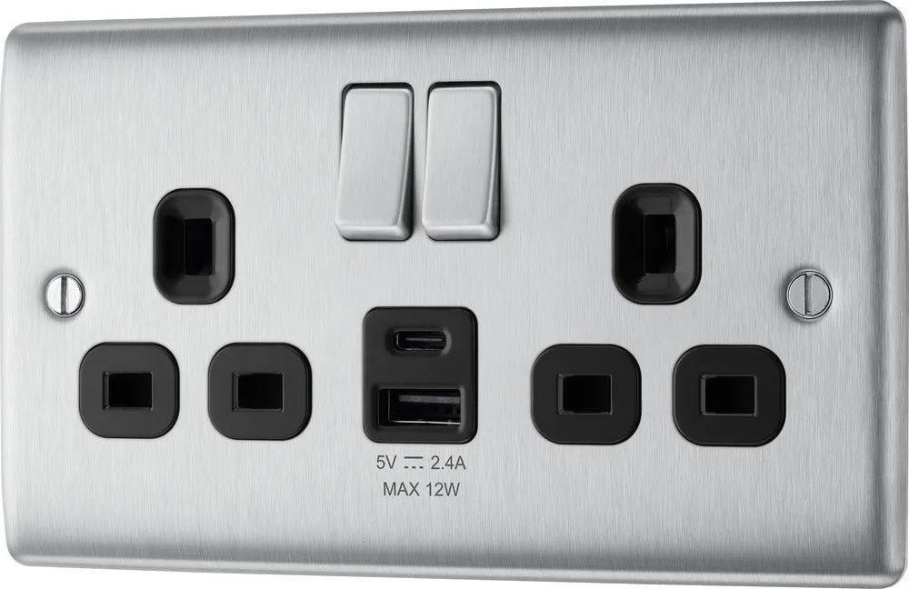 BG NBS22UAC12B Nexus Metal 13A Double Switched Power Socket   USB A C (12W) - Brushed Steel   Black Insert