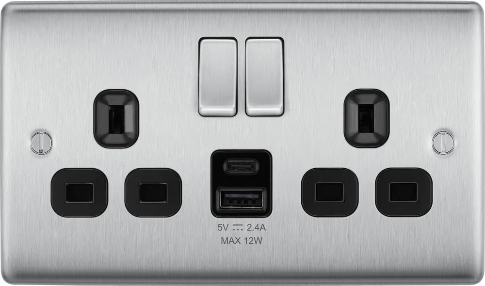 BG NBS22UAC12B Nexus Metal 13A Double Switched Power Socket   USB A C (12W) - Brushed Steel   Black Insert