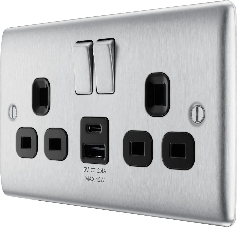 BG NBS22UAC12B Nexus Metal 13A Double Switched Power Socket   USB A C (12W) - Brushed Steel   Black Insert