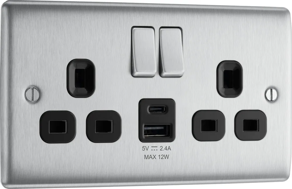 BG NBS22UAC12B Nexus Metal 13A Double Switched Power Socket   USB A C (12W) - Brushed Steel   Black Insert