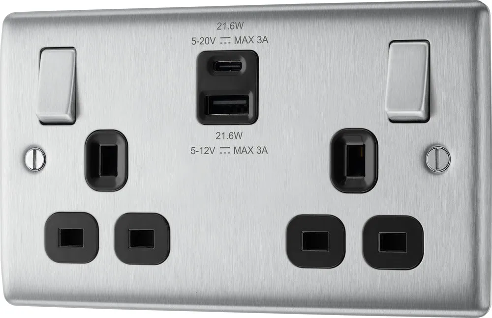 BG NBS22UAC22B Nexus Metal 13A Double Switched Power Socket   USB A C (22W) - Brushed Steel   Black Insert