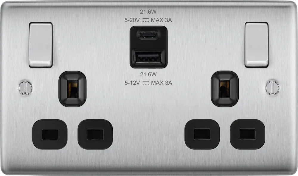 BG NBS22UAC22B Nexus Metal 13A Double Switched Power Socket   USB A C (22W) - Brushed Steel   Black Insert