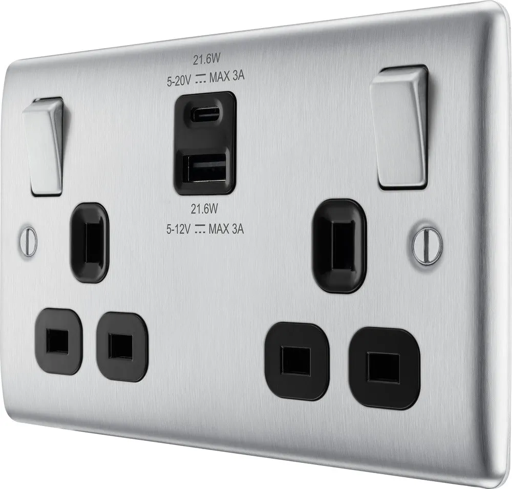 BG NBS22UAC22B Nexus Metal 13A Double Switched Power Socket   USB A C (22W) - Brushed Steel   Black Insert