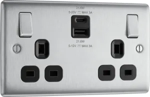 BG NBS22UAC22B Nexus Metal 13A Double Switched Power Socket   USB A C (22W) - Brushed Steel   Black Insert