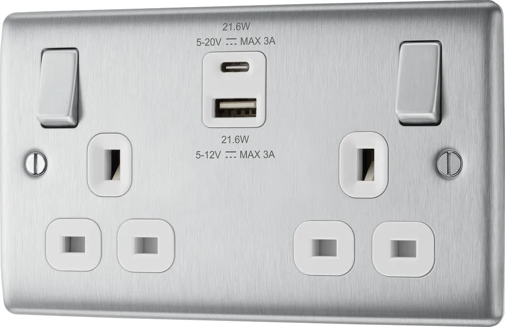 BG NBS22UAC22W Nexus Metal 13A Double Switched Power Socket   USB A C (22W) - Brushed Steel   White Insert
