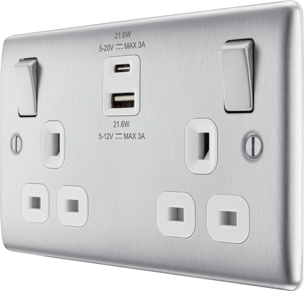 BG NBS22UAC22W Nexus Metal 13A Double Switched Power Socket   USB A C (22W) - Brushed Steel   White Insert