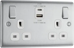 BG NBS22UAC22W Nexus Metal 13A Double Switched Power Socket   USB A C (22W) - Brushed Steel   White Insert