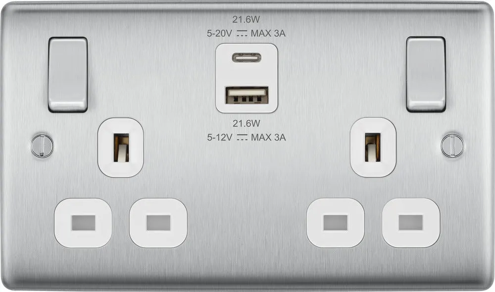 BG NBS22UAC22W Nexus Metal 13A Double Switched Power Socket   USB A C (22W) - Brushed Steel   White Insert