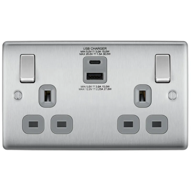 BG NBS22UAC30G Nexus Metal 13A Double Socket   USB A C (30W) - Grey Insert - Brushed Steel