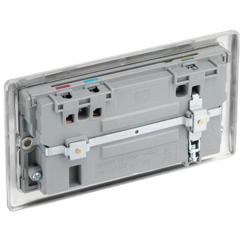 BG NBS22UAC30G Nexus Metal 13A Double Socket   USB A C (30W) - Grey Insert - Brushed Steel