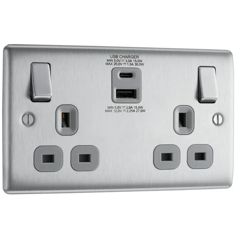 BG NBS22UAC30G Nexus Metal 13A Double Socket   USB A C (30W) - Grey Insert - Brushed Steel