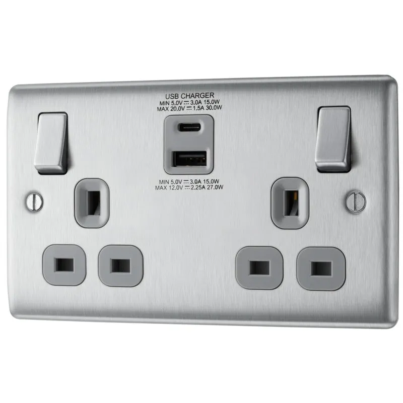 BG NBS22UAC30G Nexus Metal 13A Double Socket   USB A C (30W) - Grey Insert - Brushed Steel