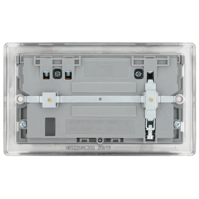 BG NBS22UAC30G Nexus Metal 13A Double Socket   USB A C (30W) - Grey Insert - Brushed Steel