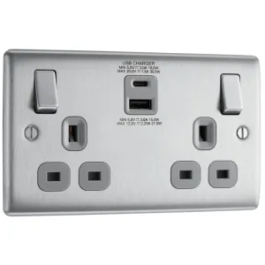 BG NBS22UAC30G Nexus Metal 13A Double Socket   USB A C (30W) - Grey Insert - Brushed Steel