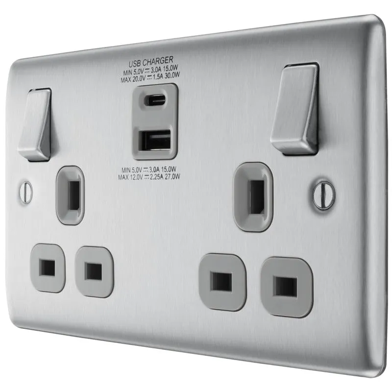 BG NBS22UAC30G Nexus Metal 13A Double Socket   USB A C (30W) - Grey Insert - Brushed Steel