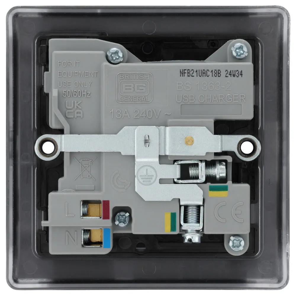 BG NFB21UAC18B Nexus Metal 13A Single Switched Power Socket   USB A C (18W) - Matt Black   Black Insert