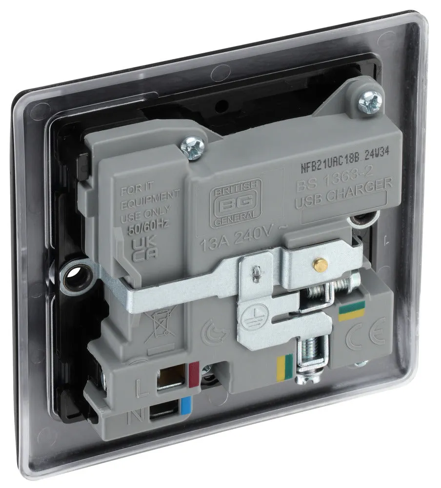 BG NFB21UAC18B Nexus Metal 13A Single Switched Power Socket   USB A C (18W) - Matt Black   Black Insert