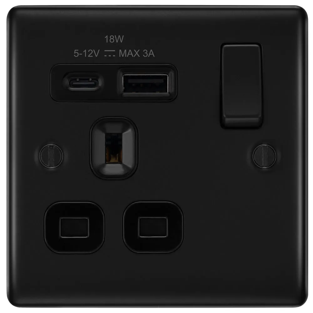 BG NFB21UAC18B Nexus Metal 13A Single Switched Power Socket   USB A C (18W) - Matt Black   Black Insert