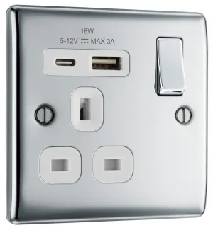 BG NPC21UAC18W Nexus Metal 13A Single Switched Power Socket   USB A C (18W) - Polished Chrome   White Insert