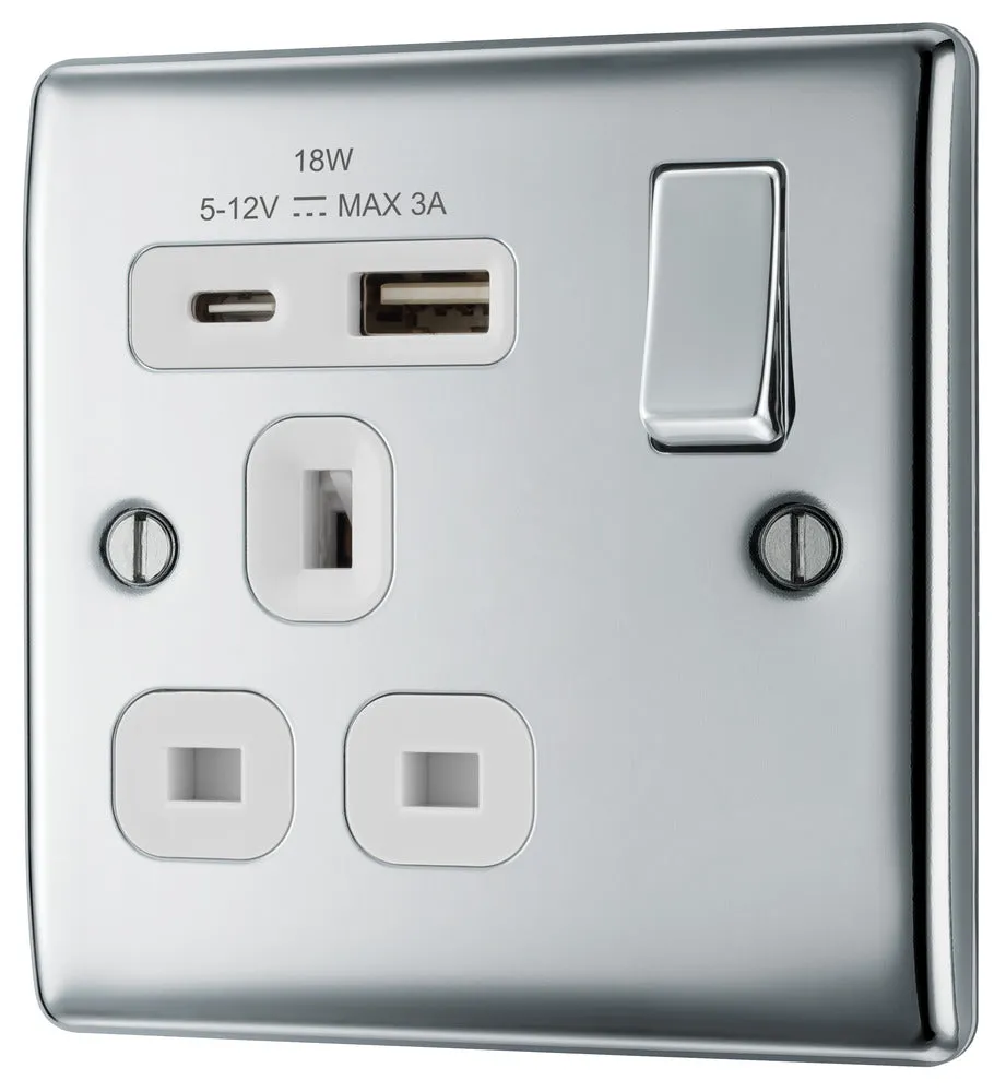 BG NPC21UAC18W Nexus Metal 13A Single Switched Power Socket   USB A C (18W) - Polished Chrome   White Insert