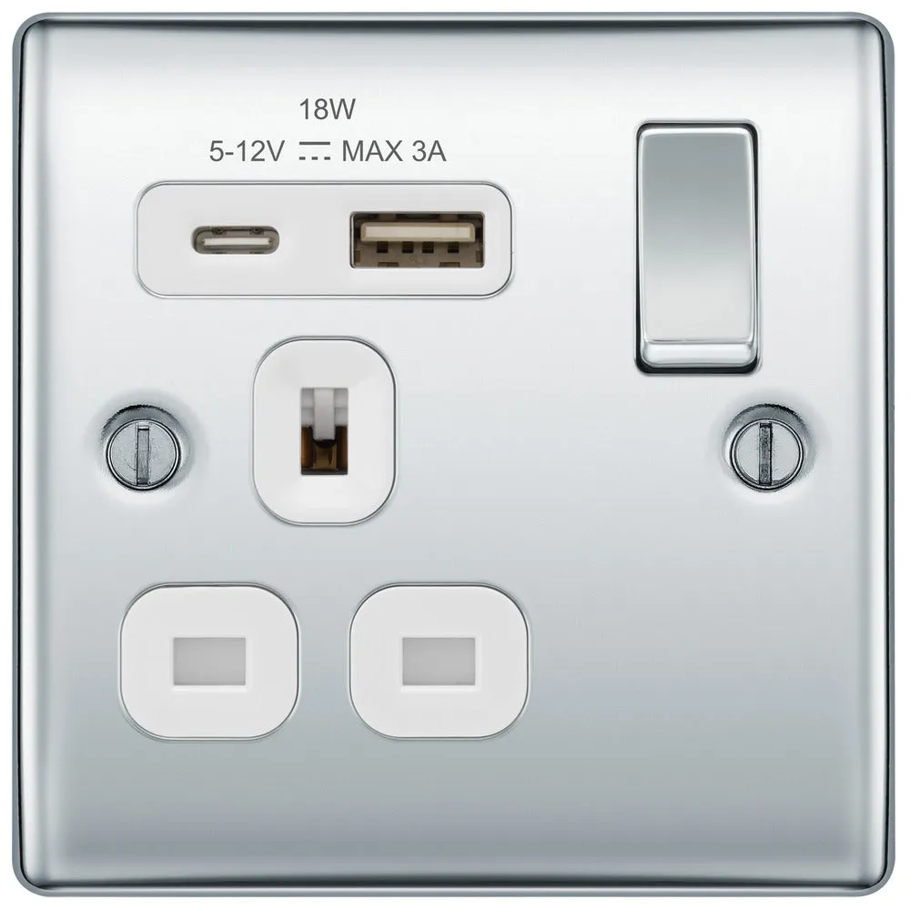 BG NPC21UAC18W Nexus Metal 13A Single Switched Power Socket   USB A C (18W) - Polished Chrome   White Insert