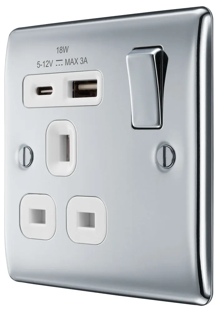 BG NPC21UAC18W Nexus Metal 13A Single Switched Power Socket   USB A C (18W) - Polished Chrome   White Insert