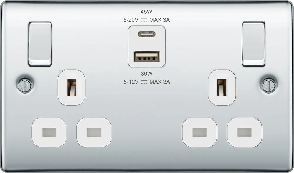 BG NPC22UAC45W Nexus Metal 13A Double Switched Power Socket   USB A C (45W) - Polished Chrome   White Insert