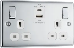 BG NPC22UAC45W Nexus Metal 13A Double Switched Power Socket   USB A C (45W) - Polished Chrome   White Insert