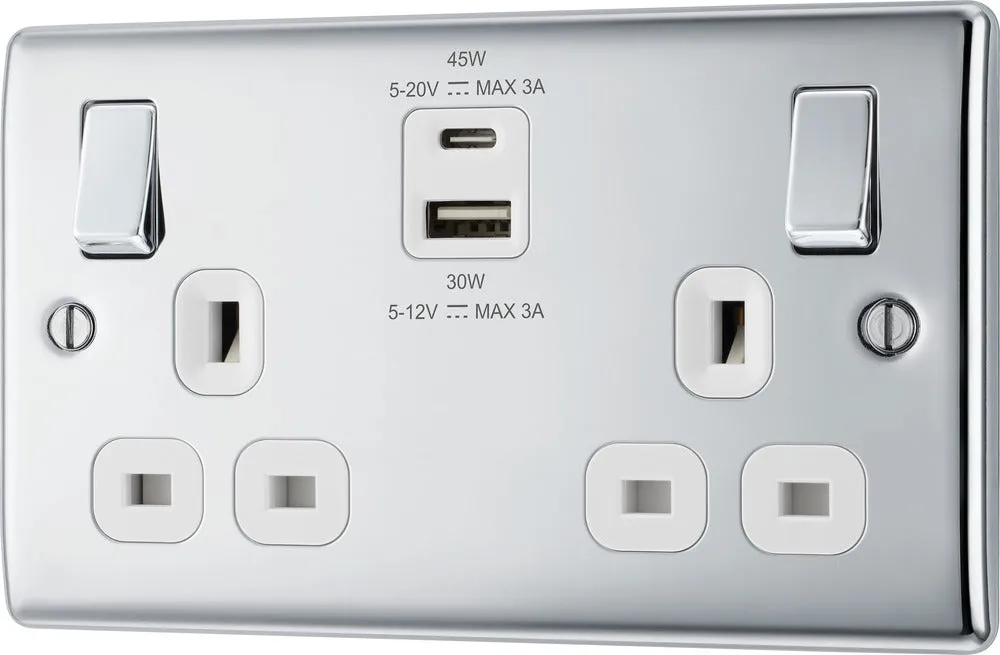 BG NPC22UAC45W Nexus Metal 13A Double Switched Power Socket   USB A C (45W) - Polished Chrome   White Insert