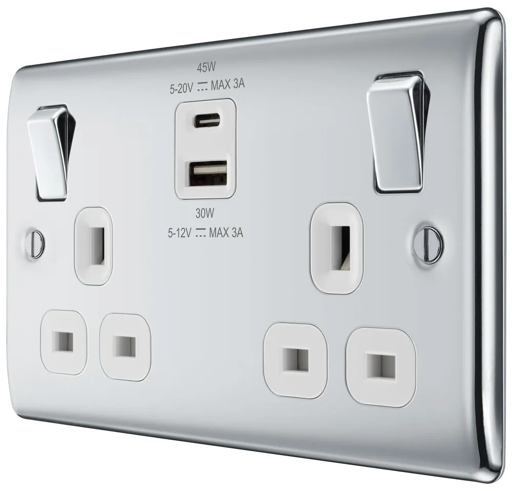 BG NPC22UAC45W Nexus Metal 13A Double Switched Power Socket   USB A C (45W) - Polished Chrome   White Insert