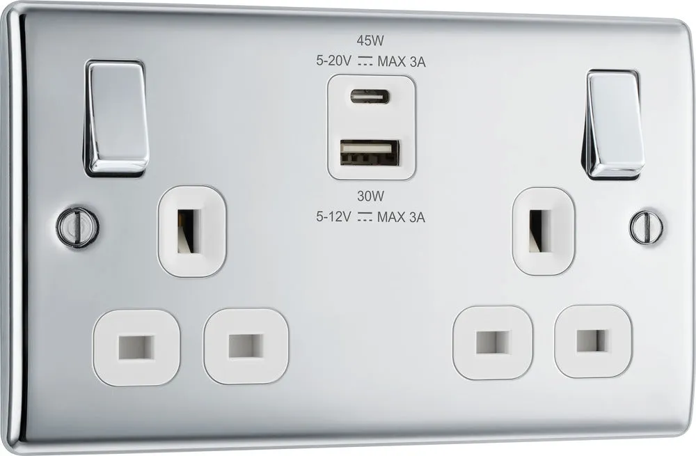 BG NPC22UAC45W Nexus Metal 13A Double Switched Power Socket   USB A C (45W) - Polished Chrome   White Insert