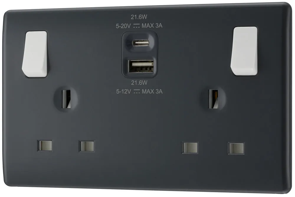 BG Part M PM22UAC22 13A Double Switched Power Socket   USB A C (22W)