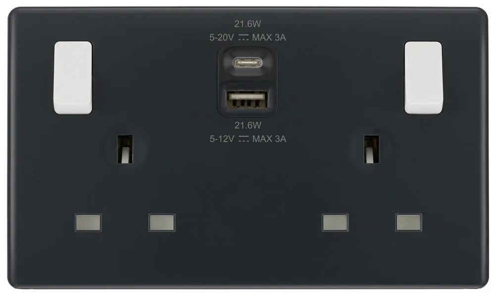 BG Part M PM22UAC22 13A Double Switched Power Socket   USB A C (22W)