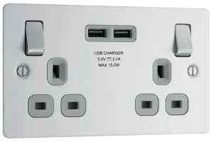 BG SBS22U3G Flatplate Screwed 13A Double Socket   2x USB(3.1A) - Grey Insert - Brushed Steel