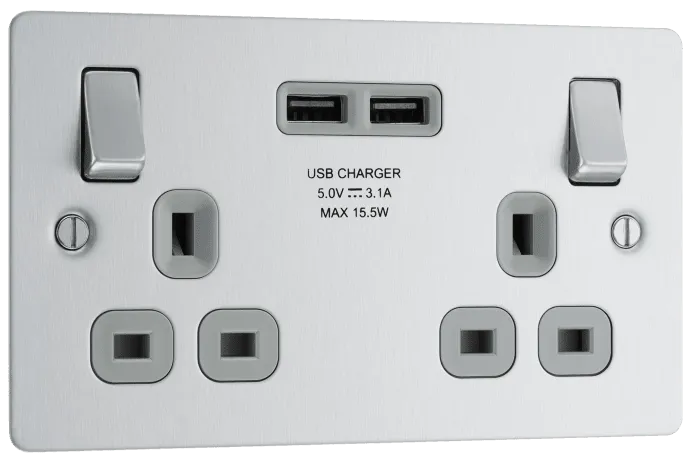 BG SBS22U3G Flatplate Screwed 13A Double Socket   2x USB(3.1A) - Grey Insert - Brushed Steel