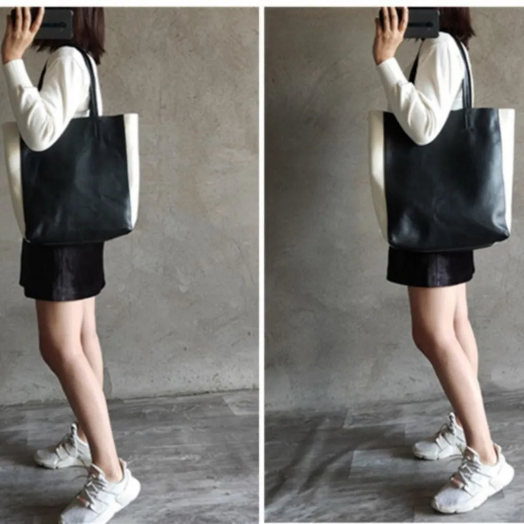 Black and White Leather Purse Two Tone Tote Leather Black and White Tote Black White Tote
